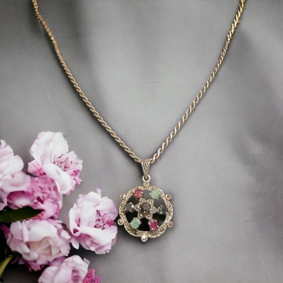 🌺 Vintage 925 Emerald Sapphire & Ruby Marcasite Pendant with 925 Rope Chain - Picture 12 of 13